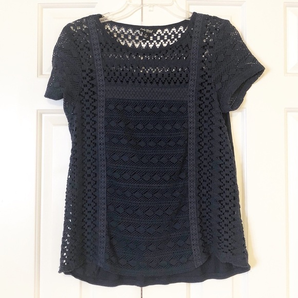Lucky Brand navy blue crocheted short sleeve pullover crew neck top. Small. EUC - Picture 2 of 6